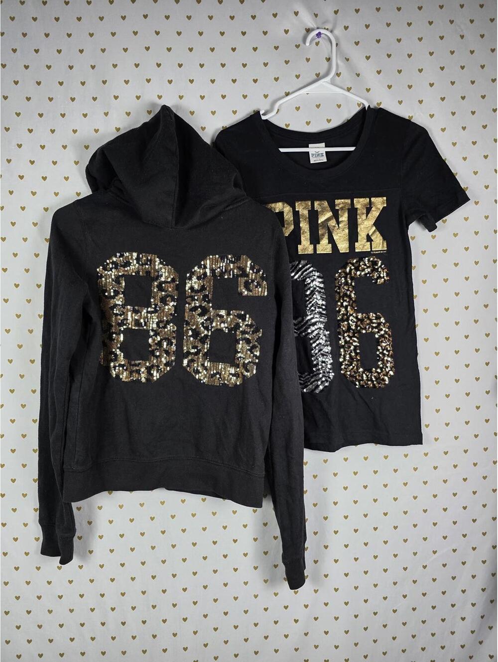 Victorias Secret Pink ANIMAL PRINT ZEBRA LEOPARD BLING SET Hoodie Tee Shirt Gold